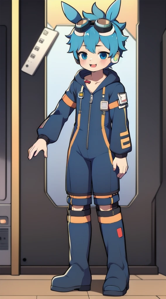2D Boy Shota,One-piece mountaineering suit,Slim, healthy body,Put the headphones on your head,stand up,goggles,Rabbit ears,happy,Sailor collar,tie,Zipper pulled down,boots