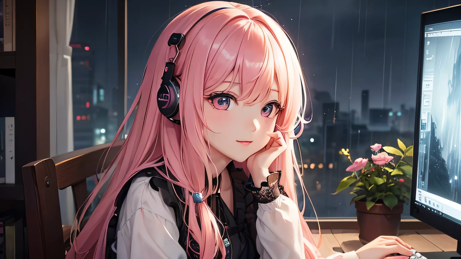 Rain sound and night view image: Rainy night、A scene of relaxing while looking out the window。 scenario: With the sound of rain and the visuals of the night view as the background、Soft lo-fi music plays。Perfect as background music to help you concentrate on studying or working。 [instrumental](masterpiece, Highest quality, Highest quality, Official Art, beautifully、aesthetic:1.2), (One girl), Very detailed,(Fractal Art:1.3),colorful,Most detailed pink hair、I have headphones on。