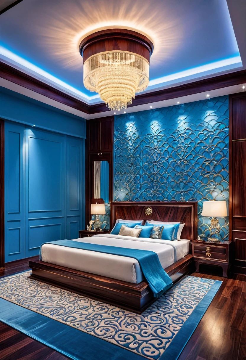 A luxurious bedroom made of rosewood decor design, intricate patterns, light blue lightings,