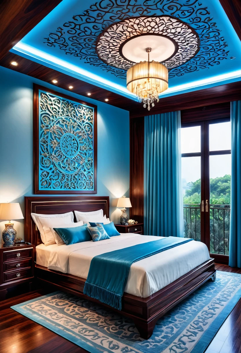 A luxurious bedroom made of rosewood decor design, intricate patterns, light blue lightings,