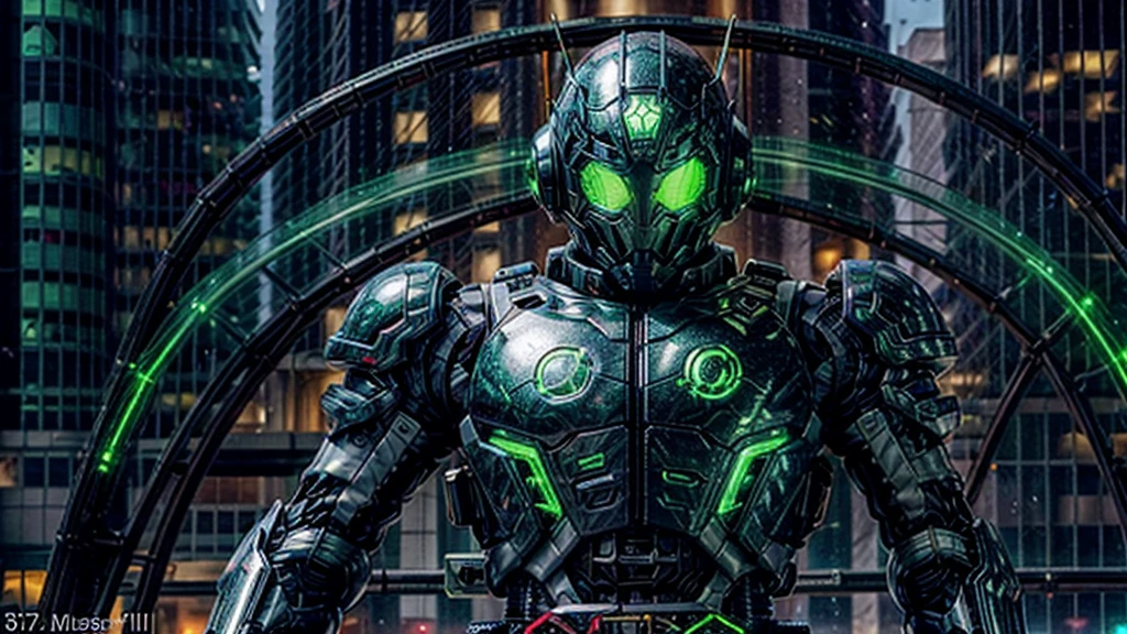 A man wearing a full-face helmet, a fantasy-style biotech armored combat suit, green eyes, (a composite layered chest armor), fully enclosed shoulder guards, matching arm and leg guards, the belt is adorned with exhaust pipes, (the color scheme is primarily black glow with green and red accents), the design balances heavy with agility, a high-tech bio-mecha armor, (Armor Concept Inspired by Cyberpunk motorcycle, stand on the top of a skyscraper in a futuristic sci-fi city), this character embodies a finely crafted fantasy-surreal style armored hero in anime style, exquisite and mature manga art style, (battle damage, element, plasma, energy, the armor glows), ((male:1.5)), metallic, real texture material, dramatic, high definition, best quality, highres, ultra-detailed, ultra-fine painting, extremely delicate, professional, perfect body proportions, golden ratio, anatomically correct, symmetrical face, extremely detailed eyes and face, high quality eyes, creativity, RAW photo, UHD, 32k, Natural light, cinematic lighting, masterpiece-anatomy-perfect, masterpiece:1.5