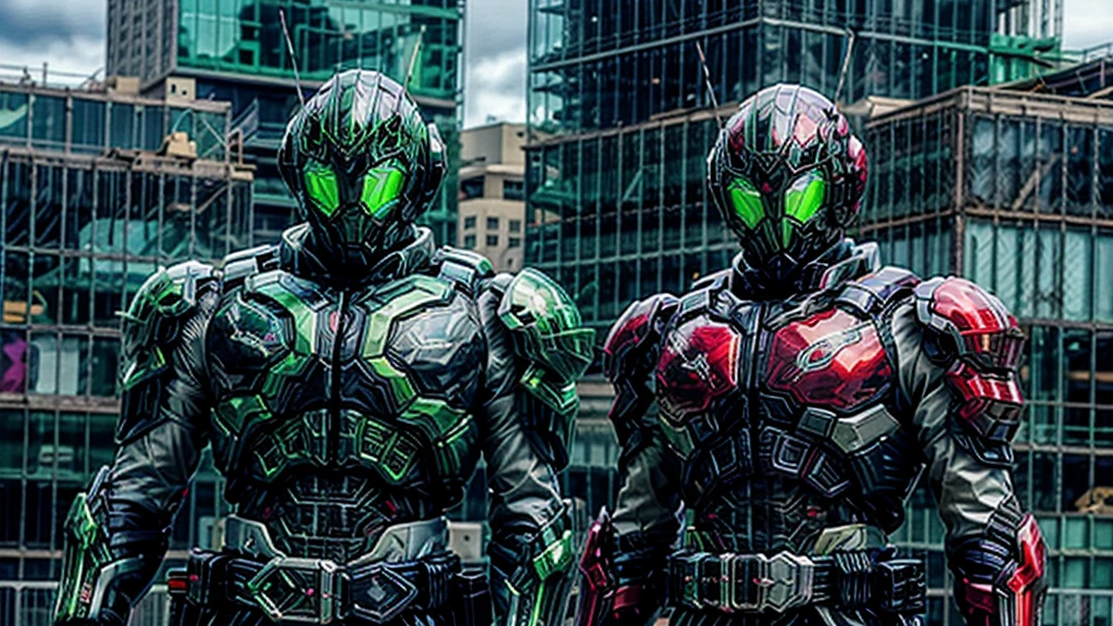A man wearing a full-face helmet, a fantasy-style biotech armored combat suit, green eyes, (a composite layered chest armor), fully enclosed shoulder guards, matching arm and leg guards, the belt is adorned with exhaust pipes, (the color scheme is primarily black glow with green and red accents), the design balances heavy with agility, a high-tech bio-mecha armor, (Armor Concept Inspired by Cyberpunk motorcycle, stand on the top of a skyscraper in a futuristic sci-fi city), this character embodies a finely crafted fantasy-surreal style armored hero in anime style, exquisite and mature manga art style, (battle damage, element, plasma, energy, the armor glows), ((male:1.5)), metallic, real texture material, dramatic, high definition, best quality, highres, ultra-detailed, ultra-fine painting, extremely delicate, professional, perfect body proportions, golden ratio, anatomically correct, symmetrical face, extremely detailed eyes and face, high quality eyes, creativity, RAW photo, UHD, 32k, Natural light, cinematic lighting, masterpiece-anatomy-perfect, masterpiece:1.5