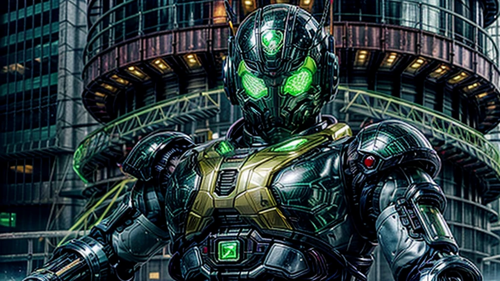 A man wearing a full-face helmet, a fantasy-style biotech armored combat suit, green eyes, (a composite layered chest armor), fully enclosed shoulder guards, matching arm and leg guards, the belt is adorned with exhaust pipes, (the color scheme is primarily black glow with green and red accents), the design balances heavy with agility, a high-tech bio-mecha armor, (Armor Concept Inspired by Cyberpunk motorcycle, stand on the top of a skyscraper in a futuristic sci-fi city), this character embodies a finely crafted fantasy-surreal style armored hero in anime style, exquisite and mature manga art style, (battle damage, element, plasma, energy, the armor glows), ((male:1.5)), metallic, real texture material, dramatic, high definition, best quality, highres, ultra-detailed, ultra-fine painting, extremely delicate, professional, perfect body proportions, golden ratio, anatomically correct, symmetrical face, extremely detailed eyes and face, high quality eyes, creativity, RAW photo, UHD, 32k, Natural light, cinematic lighting, masterpiece-anatomy-perfect, masterpiece:1.5