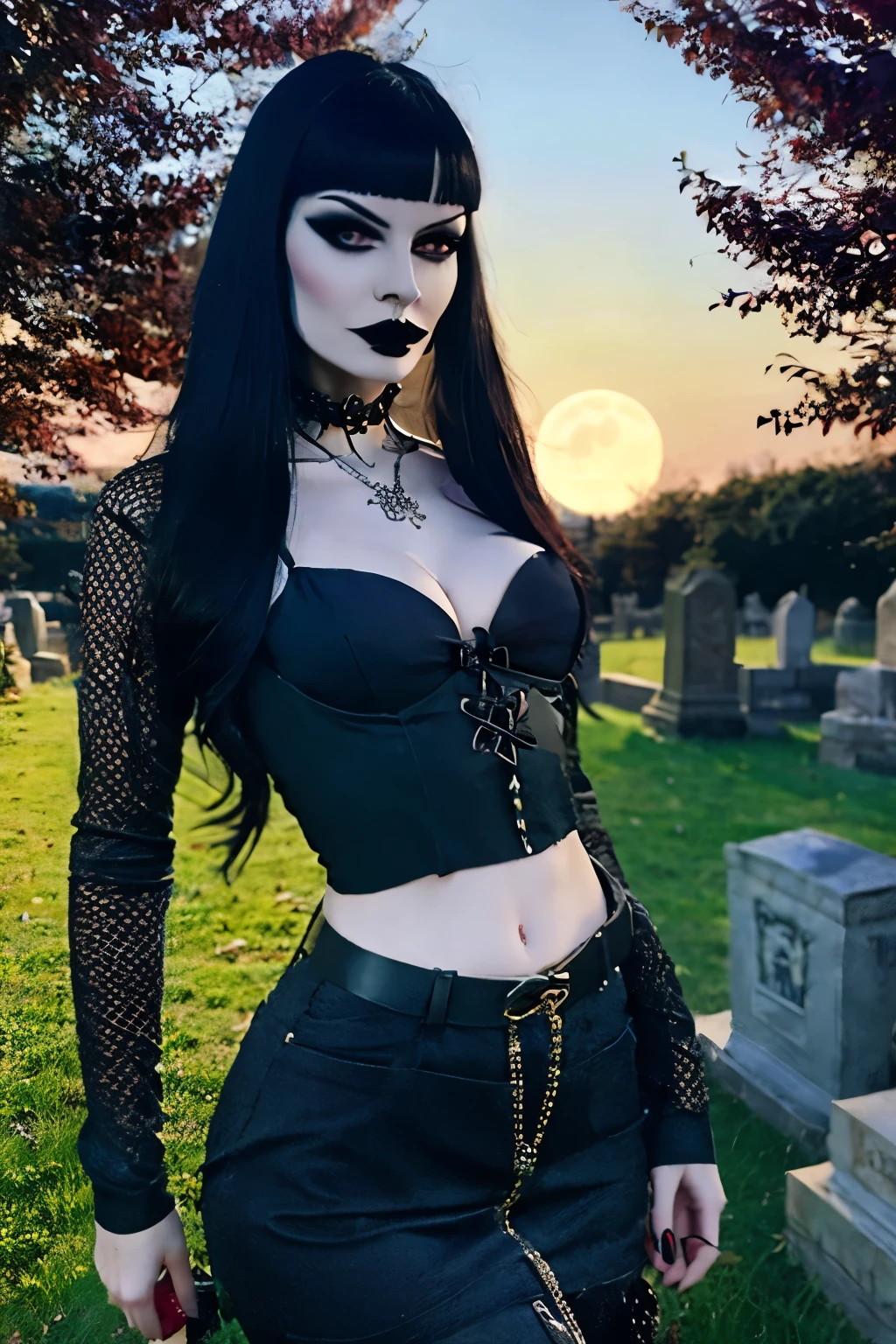 (masterpiece, best quality:1.2), 1girl, solo, Goth girl in cemitery under the moonlight , Pale skin Girl, black long hair  thin waist, hair fringe, Wearing a gothic sensual clothes, gothic makeup. best quality, UHD, highres, 4K, textured skin, super detail, anatomically correct. Full moon background. 