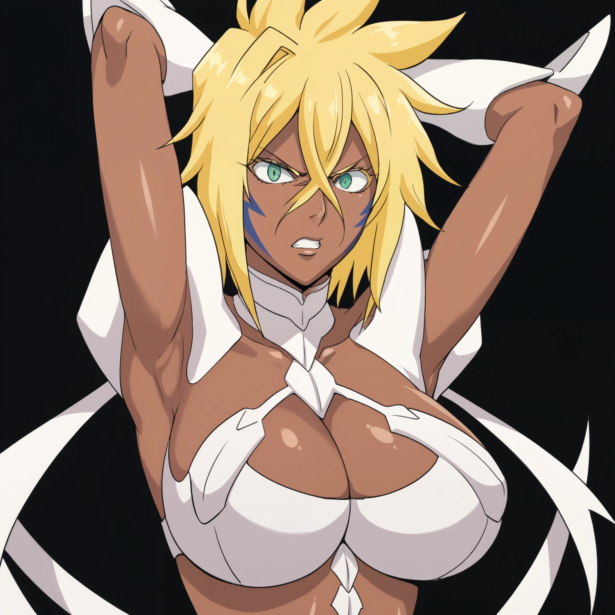 (source_anime, rating_explicit, score_9, score_8_up, score_7_up:1), Tia Harribel, dark skin, large breasts, arms up, black background, angry, looking at viewer, upper body, cleavage,