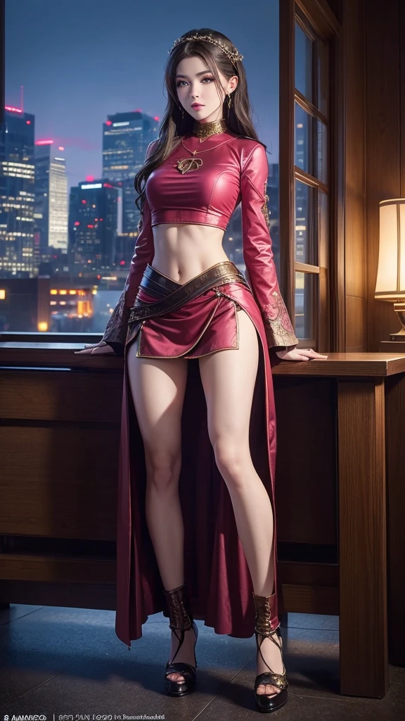 Mai Shiranui、((Assassino bonito com uma faca))1.2, bareshoulders, rabo de cavalo alto marrom, olhos castanhos, gravata de cabelo, maquiagem pesada, 1 pessoas、30 anos、, rosto magro、Japan mature woman, 8k, Beleza perfeita: 1.4, ((seios pequenos:1.2)) , abdominais finos: 1.3、pernas longas e finas:1.0、Seios colossais:1.0、Nikon Z 85 mm, ((best quality)) ,((masutepiece)), detalhes intrincados, profissional, Realistic, vida real, fotorrealista, ighly detalhado、 corpo inteiro, cabelo elegante, olhos brilhantes, pele brilhante, seios grandes cintura fina, extremamente delicado e bonito, perfect collarbone, Olhos detalhados, ((no-bra)), ((Navel Ejection、Mini Vestido de Peito Aberto、Luvas Super Longas)):1.2,um colar、(Standing pose in luxury hotel bathroom:1.2), Beautiful eyelids、ornamento de cabelo, ornamento da orelha、(Botas longas com salto alto):1.2、corpo inteiro fotografado:1.0、NSFW:1.6、tiro de baixo:1.4