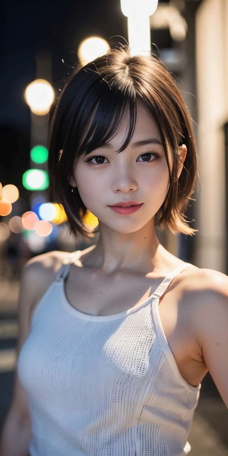 1 Girl, Tokyo Street,night, Streetscape,City lights,Upper Body,close,smile,, (8K, Raw photo, highest quality, masterpiece:1.2),(Realistic, photo-Realistic:1.37),