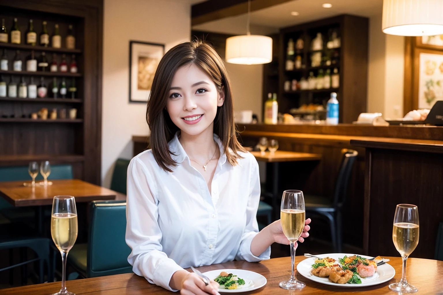 ((Highest quality、8K、masterpiece:1.3))、1 male、1 woman who resembles Satomi Ishihara、Couple、Full course dinner and wine glasses on table、The body is スリム、((Bob Hale、Straight hair:1.2)), (Realistic, Intricate details:1.2), Put the light on your face、 Amazing view of the sunset sky and clouds、A bright smile、The wonderfulness of smile、Bright image、Blushing, short hair,Bright Face、 (42 years old), 39 years old, red wine 、Appetizers、Italian food、Wine bottle、Champagne、sparkling wine、Two beauties、Brown Hair、Shortcuts、Long sleeve shirt、dress、Beautiful woman 1, (Slim face), (The body is スリム), (Brown Hair), (Shortcuts), cheeks turn a little red,Attractive beauty、restaurant, In a prominent place (From the waist up) Nova Frog Style, actress, model, Upper Body, White wine, (smile: 1.15), Beautiful fine grain, Depth f/2,saturation, High Contrast, Strong light and shadow,Moist Body:1.5、3D texture、Delicate eyes、Brown Hair、The hair is very shiny、