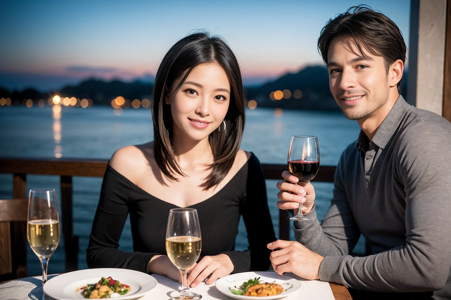 ((Highest quality、8K、masterpiece:1.3))、1 male、1 woman who resembles Satomi Ishihara、Couple、Full course dinner and wine glasses on table、The body is スリム、((Bob Hale、Straight hair:1.2)), (Realistic, Intricate details:1.2), Put the light on your face、 Amazing view of the sunset sky and clouds、A bright smile、The wonderfulness of smile、Bright image、Blushing, short hair,Bright Face、 (42 years old), 39 years old, red wine 、Appetizers、Italian food、Wine bottle、Champagne、sparkling wine、Two beauties、Brown Hair、Shortcuts、Long sleeve shirt、dress、Beautiful woman 1, (Slim face), (The body is スリム), (Brown Hair), (Shortcuts), cheeks turn a little red,Attractive beauty、restaurant, In a prominent place (From the waist up) Nova Frog Style, actress, model, Upper Body, White wine, (smile: 1.15), Beautiful fine grain, Depth f/2,saturation, High Contrast, Strong light and shadow,Moist Body:1.5、3D texture、Delicate eyes、Brown Hair、The hair is very shiny、