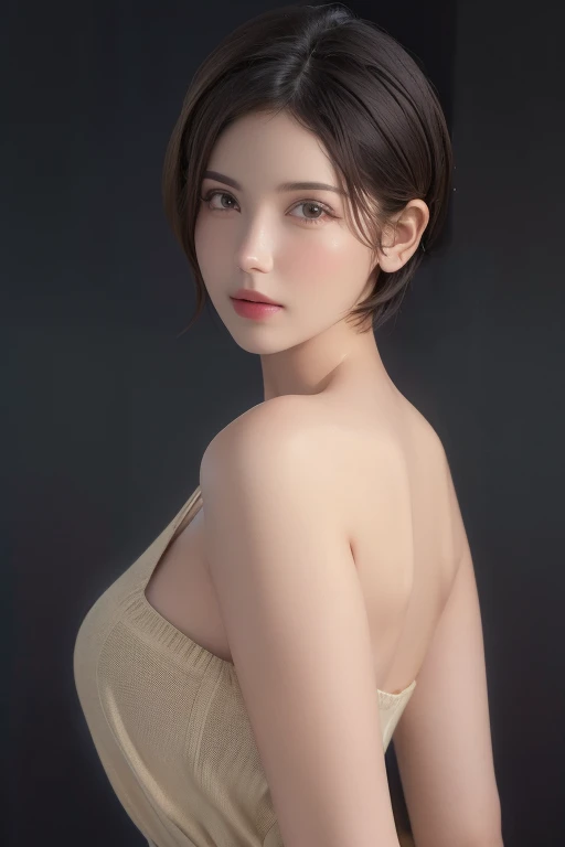 (masterpiece:1.3), (8K, lifelike, original photo, best quality: 1.4), (1 girl), pretty face, (lifelike face), (black hair, short hair:1.3), beautiful hairstyle, Lifelike eyes, Beautiful and delicate eyes, (lifelike skin), Beautiful skin, (sweater), Ridiculous, attractive, ultra high resolution, surreal, Very detailed, golden ratio，whole body，slim waist，raised buttocks，