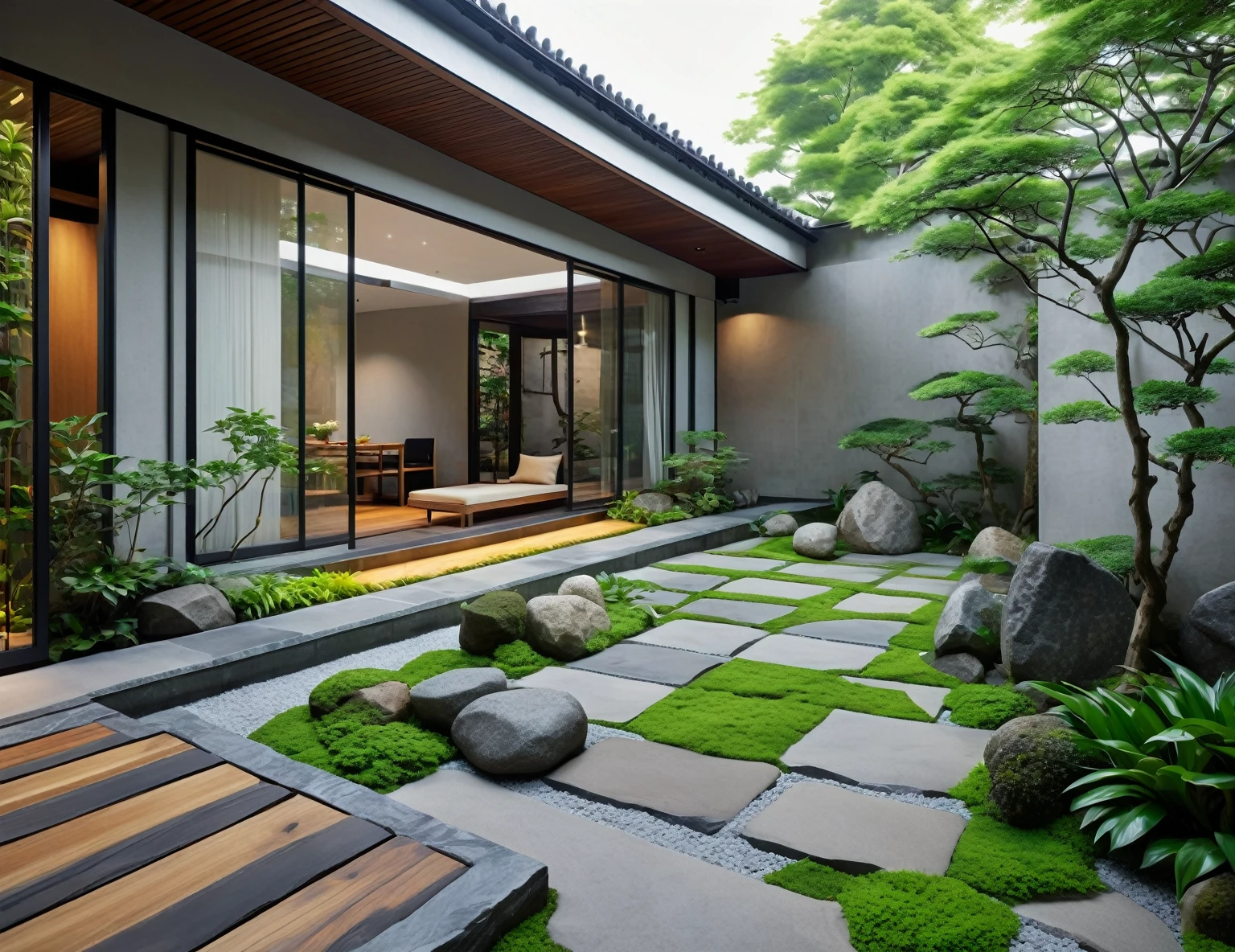 a close up of a garden with a stone path and a stone bench, beautiful aesthetic design, outdoor design, dense with greenery, garden at home, zen garden, exterior design, home and garden, beautiful design, japanese house, vibrant greenery outside, in style of ultra realistic, sharp and detailed, with a garden, beautifully detailed render, vivid and detailed