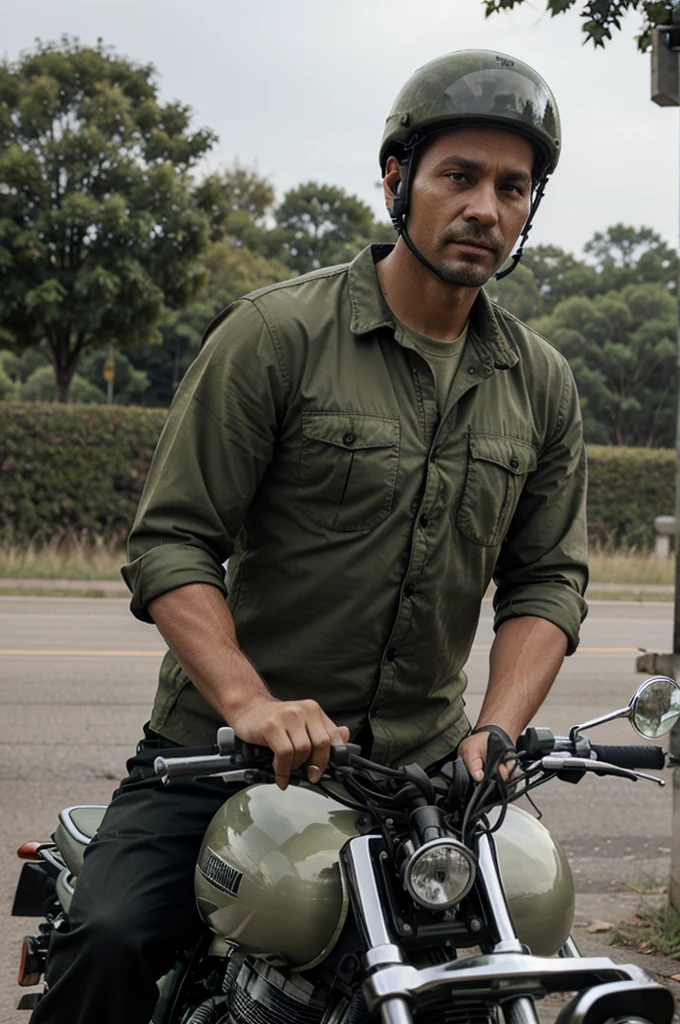 39 year old man wearing trousers and army colored shirt while riding a motorbike