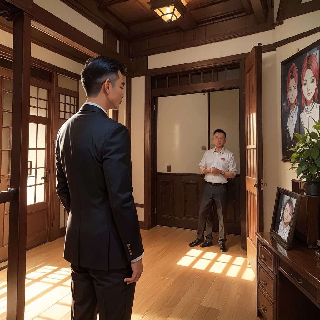 Back photo, There is only one middle-aged man in the photo,major,credibly,of Taiwanese,Used to make profile pictures, Under the mansion, Cartoon style photos