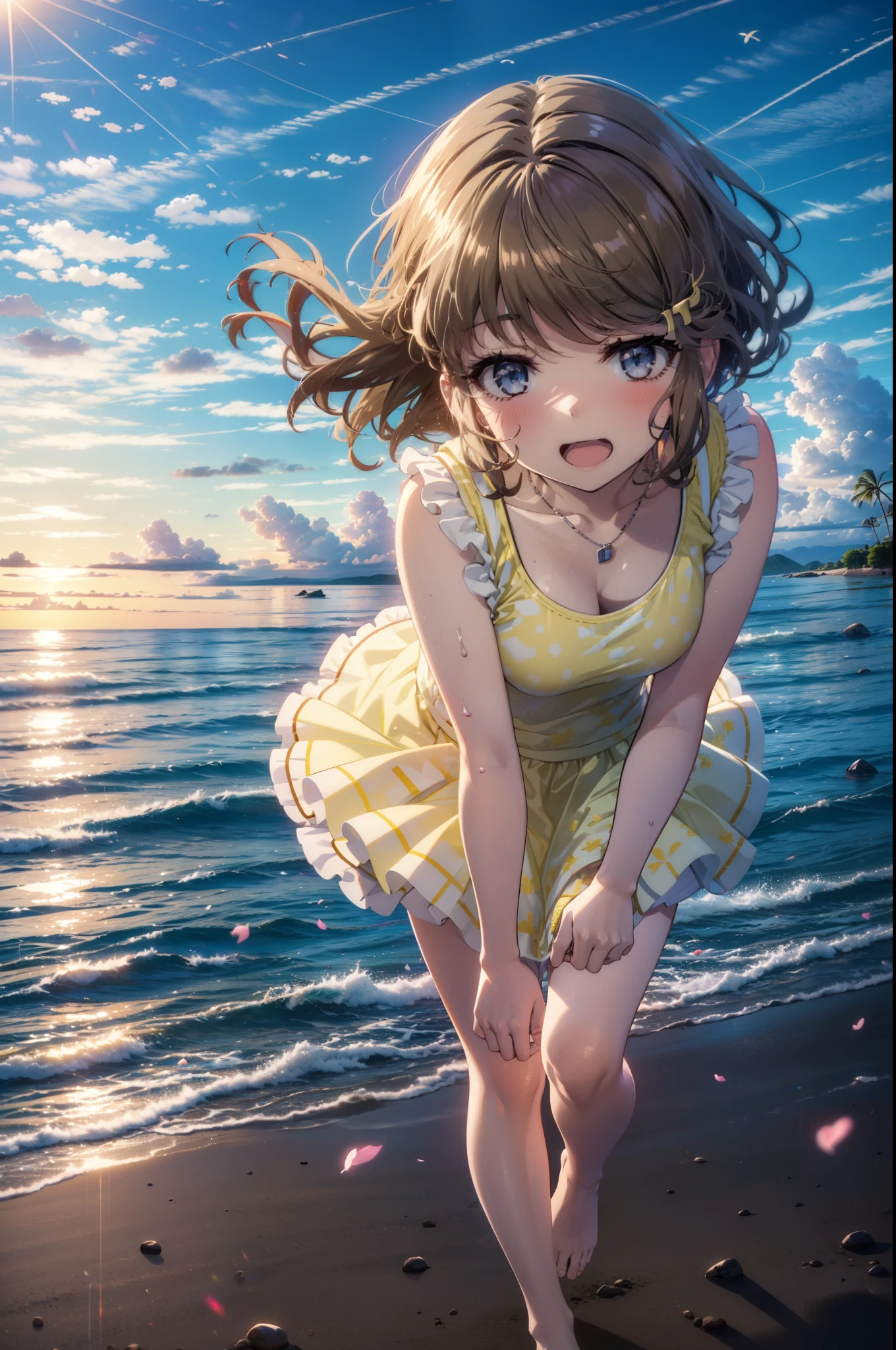 tomoekoga, Chie Koga, Long Hair, Brown Hair, blue eyes, Hair Clip,happy smile, smile, Open your mouth,Yellow tank top shirt,No sleeve,Shell Necklace,Yellow long skirt,barefoot,barefoot,Walking,True Summer,Daytime,Hair is fluttering in the wind,Sandy Beachで散歩している,whole bodyがイラストに入るように,
break outdoors, Sandy Beach,Beach,
break looking at viewer, whole body,
break (masterpiece:1.2), Highest quality, High resolution, unity 8k wallpaper, (figure:0.8), (Beautiful attention to detail:1.6), Highly detailed face, Perfect lighting, Highly detailed CG, (Perfect hands, Perfect Anatomy),