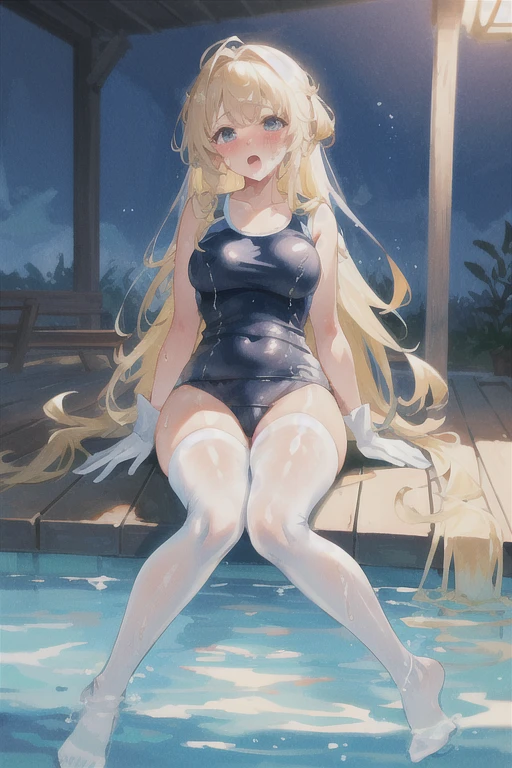 Full body depiction on screen,　evening　Poolside　My whole body is wet from the rain　beautiful girl　Princess　Detailed depiction　Sitting in the pool　anime　Pale pink rouge　Shiny blonde long hair　Princessティアラ　Super long white gloves that are transparent when wet　　Wearing a navy blue school swimsuit　Wearing pantyhose　wet and transparent clothing　See-through　Mucus all over the body　Wet lips　Abundant tears from the mouth　　Sweating profusely　Mucus is stringy　Glossy with lotion　Blush cheeks with embarrassment　Wet　Sweating profusely　Drooling　Mucus clings to the whole body