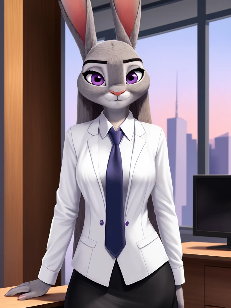 best quality,
masterpiece,
hyper Realistic,
Portrait,
Looking at the audience,
background is an office,
(Face is JudyHopps:1.15),
NamiFinal,
((long straight hair)),
wispy bangs, bangs,
purple eyes,
(arched eyebrows:1.1),
(uplift eyebrows:1.1),
(rabbit ears:1.1),
office lady is wearing suit,
((White blouse)),
((Black blazer jacket)),
((Black skirt)),
clothes made of cotton,
(skin is felt:1.3),
(((body is gray with fluffy and fluffy))),
human hands,
(solo:1.5),
(1 lady:1.5),
one character only
alone,
Perfect Anatomy