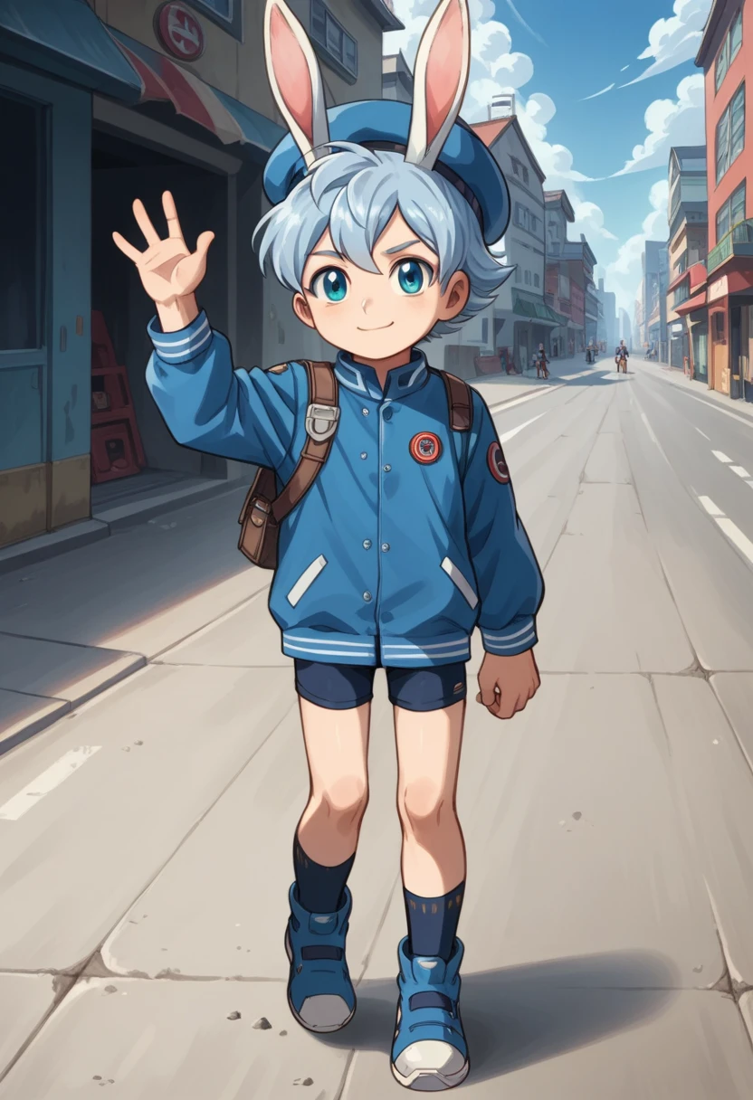 Score_9, score_8_up, score_7_up, rating_safe, Cute young naked boy, luca,blue hair, blue eyes, rabbit ears,rabbit boy,　cute face, very smail, light smile,  grinning evily，Boy student，short detailed hair，Shota，solo person，Wear a red and blue beret，punky style，Black stroke，solo person，The city of the future，nigth，Contre-Jour,  ((full view body)), waving at viewer ,