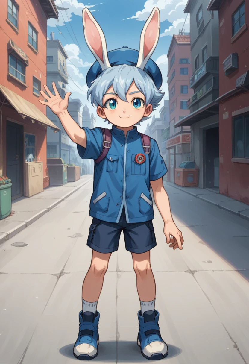 Score_9, score_8_up, score_7_up, rating_safe, Cute young naked boy, luca,blue hair, blue eyes, rabbit ears,rabbit boy,　cute face, very smail, light smile,  grinning evily，Boy student，short detailed hair，Shota，solo person，Wear a red and blue beret，punky style，Black stroke，solo person，The city of the future，nigth，Contre-Jour,  ((full view body)), waving at viewer ,