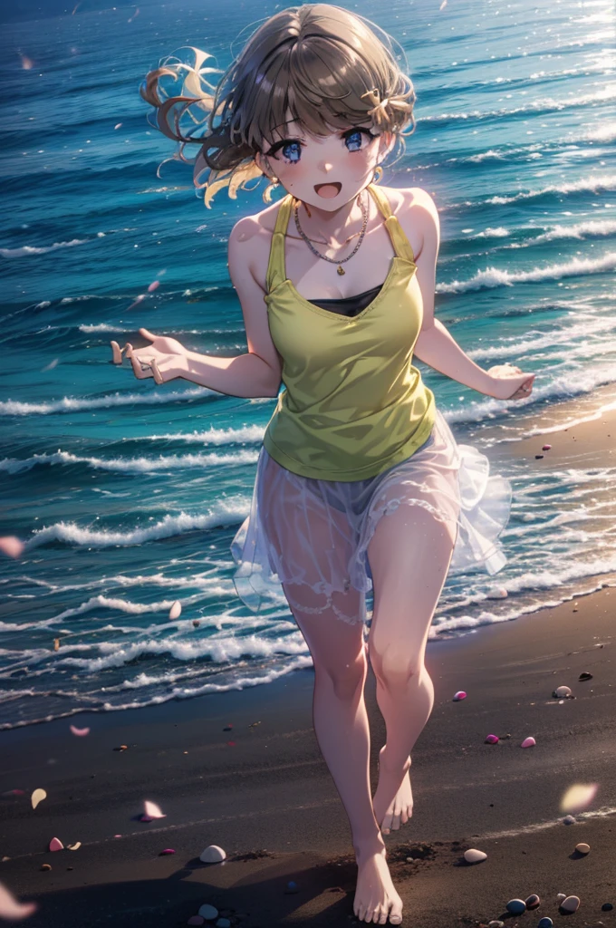 tomoekoga, Chie Koga, Long Hair, Brown Hair, blue eyes, Hair Clip,happy smile, smile, Open your mouth,Yellow tank top shirt,No sleeve,Shell Necklace,Yellow long skirt,barefoot,barefoot,Walking,True Summer,Daytime,Hair is fluttering in the wind,Sandy Beachで散歩している,whole bodyがイラストに入るように,
break outdoors, Sandy Beach,Beach,
break looking at viewer, whole body,
break (masterpiece:1.2), Highest quality, High resolution, unity 8k wallpaper, (figure:0.8), (Beautiful attention to detail:1.6), Highly detailed face, Perfect lighting, Highly detailed CG, (Perfect hands, Perfect Anatomy),