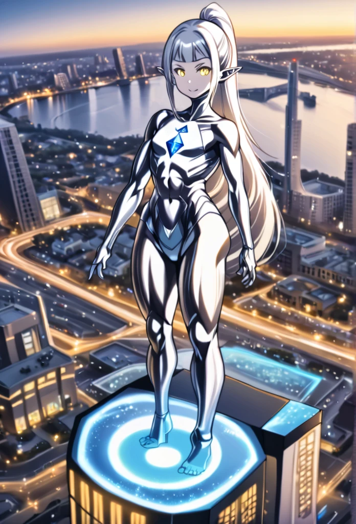 1girl, solo, anime style, 4k quality, masterpiece, best quality, sword art online, yui, long hair, blunt bangs, white hair, very long hair, high ponytail, pointy ears, elf, barefoot, ultrawoman, robot, colored skin, glowing eyes, yellow eyes, flat chest, giantess, giant, metallic face, metallic skin, shiny skin, chrome skin, gem on chest, colour timer on chest, chest jewel, blue jewel, muscular, abs, Female Bodybuilding Style, ultra beam, thick_thighs, looking at viewer, full body, smile, closed mouth, standing, giantess, outdoor, city, citycape, skyscraper