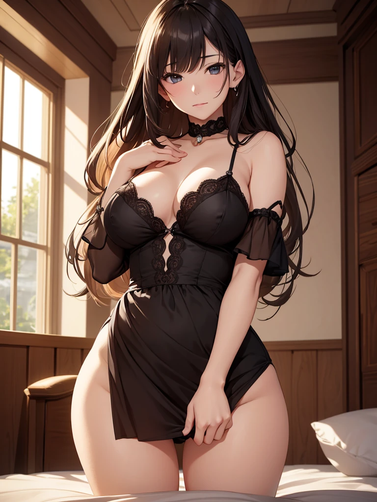(masterpiece、top-quality、hight resolution), A calm, married woman with a peaceful expression on her face accidentally witnesses the boy masturbating and says, "Oh my God..." She does not scold him, but rather says, "You were masturbating on me...?" She is conveying the subtle message, "You want me...? Her demeanor shows a calm and understanding approach, implicitly asking, "Do you want me to teach you about real sex?" she implicitly asks. The setting is a cozy, well appointed room, capturing her moment of gentle seduction. nsfw