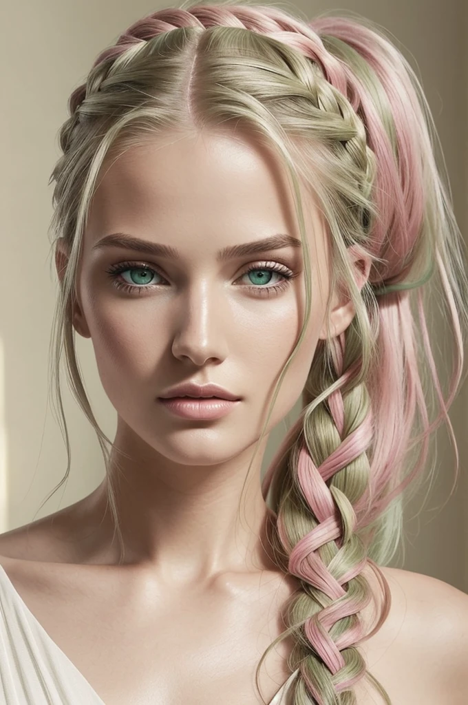 Portrait, photorealistic, realistic, Girl, green eyes, clear skin, soft makeup, long streaked green/pink hair, {loose hair, updo hair, ponytail, braids}, realistic soft skin.