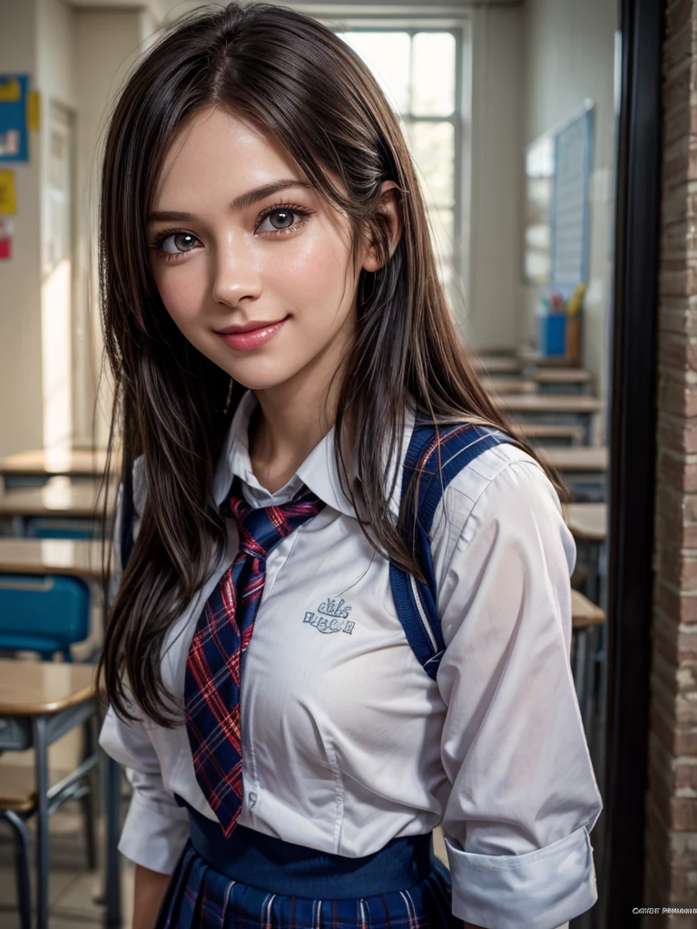 1girl, Extremely cute, Amazing face and eyes, (Beautiful lovely smile), (extremely detailed beautiful face), bright and shiny lips, keep staring at me, super beautiful, (school uniform:1.3), (Best Quality:1.4), (hyper quality), (Ultra-detailed), (hyper-realistic, Photorealsitic:1.37), Authentic skin texture, cextremely detailed CG unified 8k wallpaper, RAW Photos, professional photograpy, Cinematic lighting,