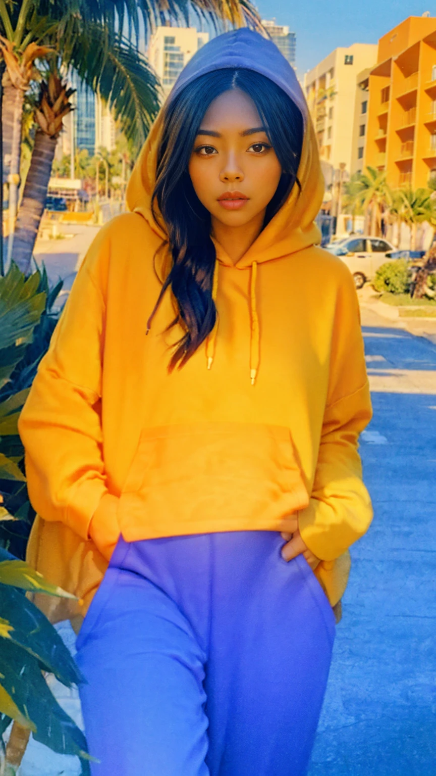((long shot photography)) ((best quality)), ((masterpiece)), (detailed),upper body,close-up, 8k, RAW photo,1 girl,smilie,real polaroid photo, beautiful, ultra-realistic,detail face ,light leak,dark intens shadow ,(black bob hair)(purple sweatpants)), Evening light，Bridgeside，Taking a walk，(purple slacks), almond eye, no makeup, (((blank oversized orange hoodie))), yellow color skirt,the scene takes in front Hotel Victor Miami (very detailed:1.1), ((masterpiece)),summer, blue sky, palm trees,sunny,