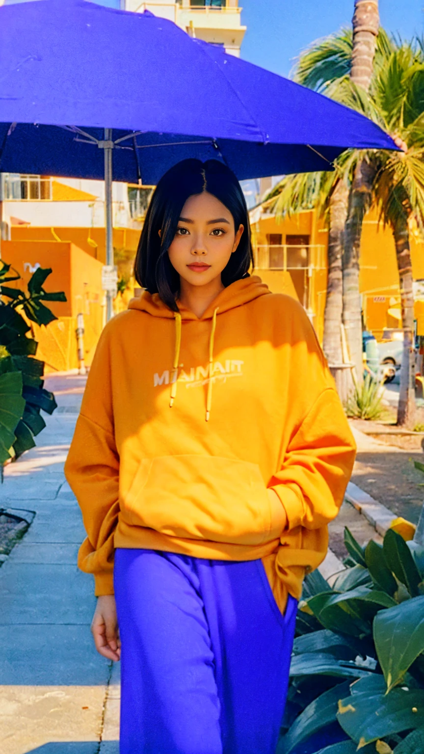 ((long shot photography)) ((best quality)), ((masterpiece)), (detailed),upper body,close-up, 8k, RAW photo,1 girl,smilie,real polaroid photo, beautiful, ultra-realistic,detail face ,light leak,dark intens shadow ,(black bob hair)(purple sweatpants)), Evening light,Bridgeside,Taking a walk,(purple slacks), almond eye, no makeup, (((blank oversized orange hoodie))), yellow color skirt,the scene takes in front Hotel Victor Miami (very detailed:1.1), ((masterpiece)),summer, blue sky, palm trees,sunny,