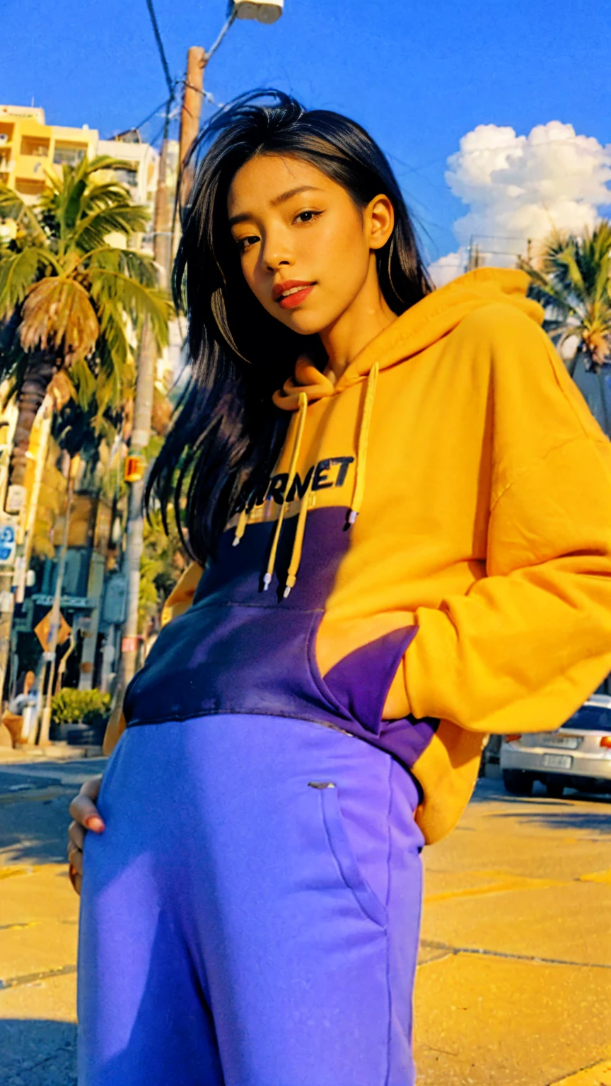 ((long shot photography)) ((best quality)), ((masterpiece)), (detailed),upper body,close-up, 8k, RAW photo,1 girl,smilie,real polaroid photo, beautiful, ultra-realistic,detail face ,light leak,dark intens shadow ,(black bob hair)(purple sweatpants)), Evening light,Bridgeside,Taking a walk,(purple slacks), almond eye, no makeup, (((blank oversized orange hoodie))), yellow color skirt,the scene takes in front Hotel Victor Miami (very detailed:1.1), ((masterpiece)),summer, blue sky, palm trees,sunny,