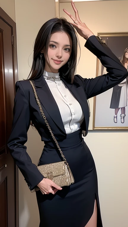 ((masterpiece, Highest quality)), Edge Quality,Conceit,Grin, ((Edge Dress, a woman in a dress posing for a picture )),jewelry, Jacket, bag, formal, suit, Pencil Skirt, handbag, Realistic, office lady, skirt suit, She's wearing a pencil dress、Leaning against the luxurious table behind him。The table is decorated with items and colors that complement her outfit.。, A bright smile.Peeing on your own, Wet clothes, A face that can't stand peeing, Desperately getting wet, Pee despair pose, Her body can't hold the pee、I desperately pee in the middle of the toilet。, Pee running down her legs, stand up, Hyper pee desperate face, Big Piss Puddle