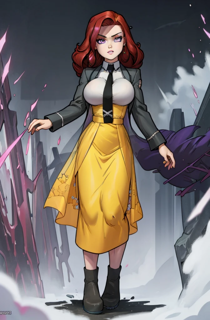 Masterpiece. detailed eyes, rabiestlagomorph, waist-length reddish purple hair, Large breasts, black dress, magic_high_school_uniform, Charcoal jacket, black necktie, yellow skirt embroidery 