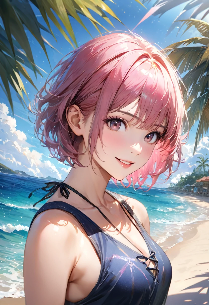 Sparkling sea and tropical ocean, Sunny sky with fluffy white clouds, Palm trees along the coast, Blur the background,Pleasant sea breeze,high school girl,Swimwear,short hair,smile,Glitter effect,Highest quality, 4K, 8K, High resolution, masterpiece:1.2, Very detailed, Realistic:1.37, High resolution, 超High resolution, Ultra-fine painting, Sharp focus, Physically Based Rendering, Very detailedな説明, Professional, Vibrant colors