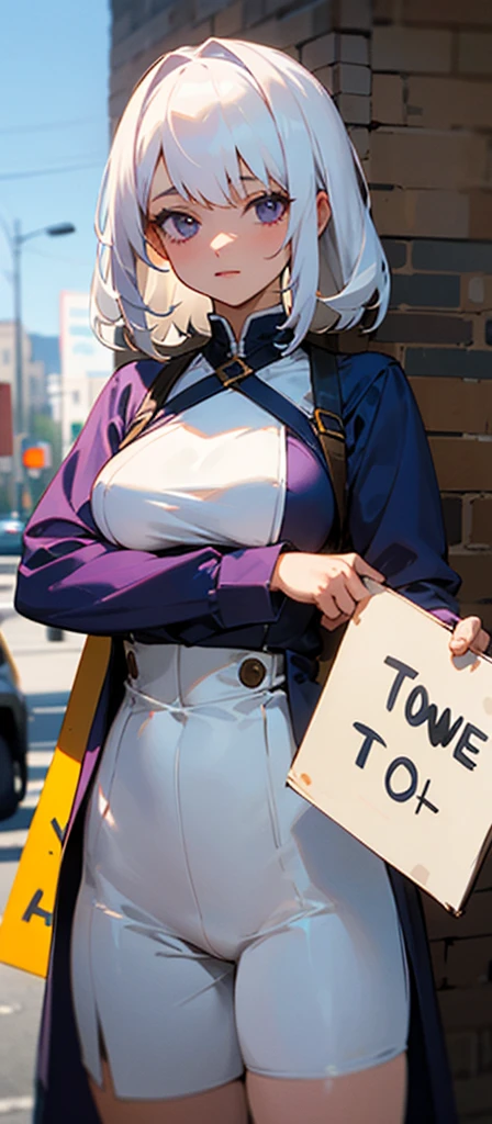 ((Best Quality)), ((Masterpiece)), (detailed), 1 girl, showing some exposed breast, White hair, dressed in purple with black, holding a sign that says "tow" written