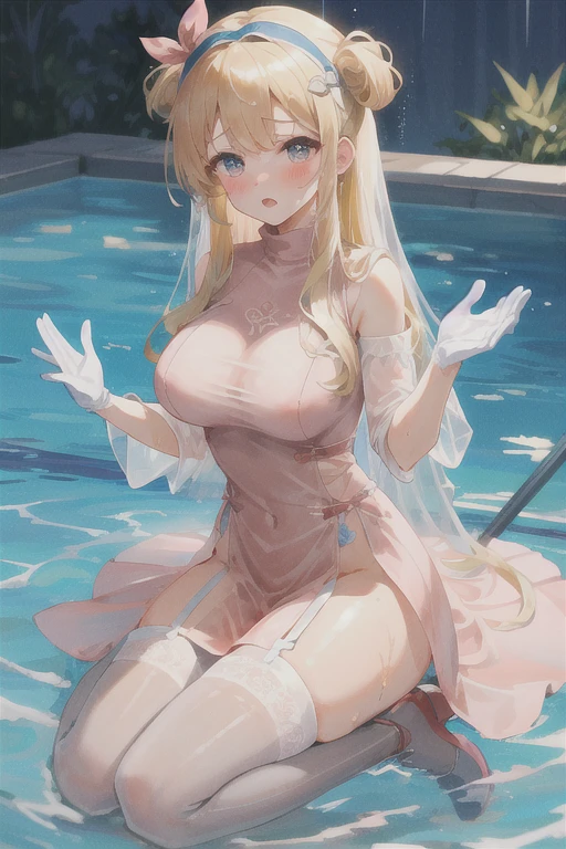 Full body depiction on screen,Glaring Eyes Showing disgust Blonde Long Hair anime Romanesque style Super Curly Hair Super long sideburns Wet and transparent salmon pink turtleneck wedding dress cuteポージング Pool at night Droopy eyes Ribbon headband 天蓋付きのcuteベッド Aqua Blue Rubber Sheets Aqua Blue Rubber Bed Sitting Sad face Embarrassing Blushing Wet and see-through salmon pink berry long skirt Wet and see-through salmon pink tights Wet and see-through salmon pink underwear Metal luster Chest mesh Multiple ribbons Soaked in the rain Wet and see-through salmon pink super long gloves Wet and see-through salmon pink pantyhose Wet and transparent shocking pink garter belt cute Pitiful clear Big eyes Droopy eyes Pale pink rouge Shocking Pink Pink Long Boots Wet and see-through salmon pink bodysuit