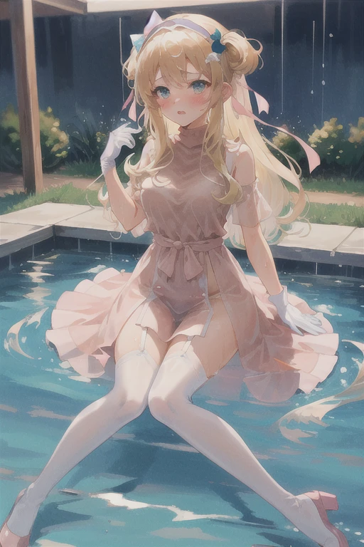 Full body depiction on screen,Glaring Eyes　Showing disgust　Blonde Long Hair　anime　Romanesque style　 Super Curly Hair　Super long sideburns　Wet and transparent salmon pink turtleneck wedding dress　cuteポージング　Pool at night　Droopy eyes　Ribbon headband　天蓋付きのcuteベッド　Aqua Blue Rubber Sheets　Aqua Blue Rubber Bed　Sitting　Sad face　Embarrassing　Blushing　Wet and see-through salmon pink berry long skirt　Wet and see-through salmon pink tights　Wet and see-through salmon pink underwear　Metal luster　Chest mesh　Multiple ribbons　Soaked in the rain　Wet and see-through salmon pink super long gloves　Wet and see-through salmon pink pantyhose　Wet and transparent shocking pink garter belt　cute　Pitiful　clear　Big eyes　Droopy eyes　Pale pink rouge　Shocking Pink Pink Long Boots　Wet and see-through salmon pink bodysuit