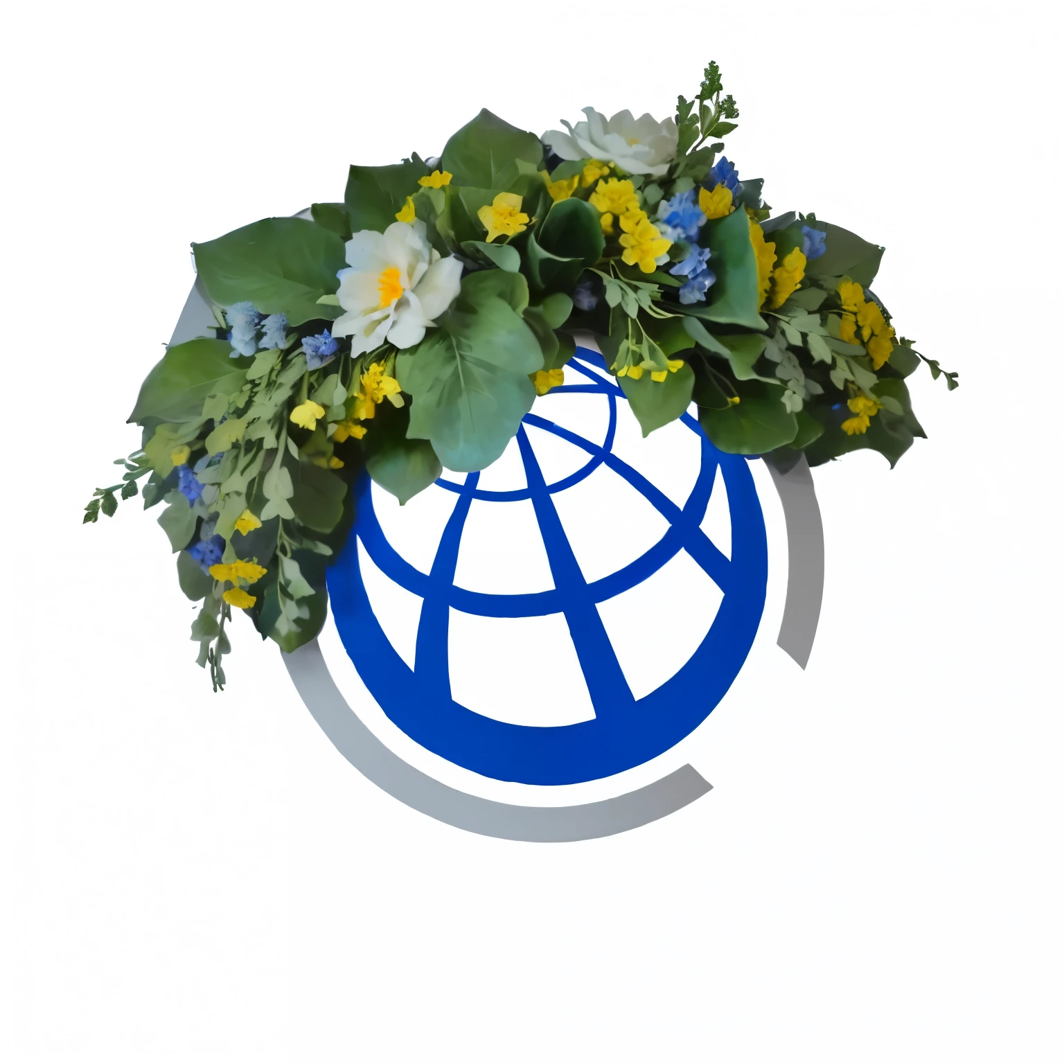 there is a blue, white and gray globe with a thick traditional Latvian wreath of oak leaves and flowers as a haton top of it. Superrealistic style. Midsummer atmosphere, made of flowers and leaves, profile image, herbs and flowers