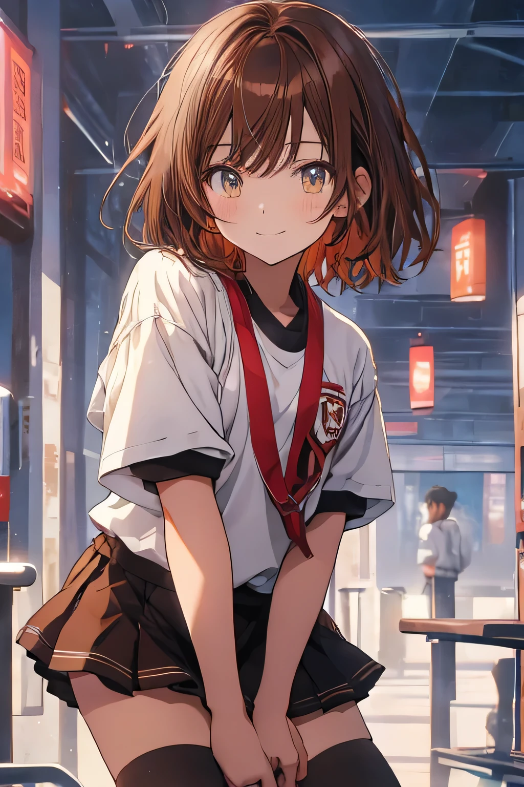 Masterpiece、Anime Coloring、Ultra fine、8K,1girl, solo, looking at viewer, smile, bangs, brown hair, shirt, thighhighs, brown eyes, white shirt, short sleeves, medium hair, white thighhighs, gym uniform, buruma, blue brown