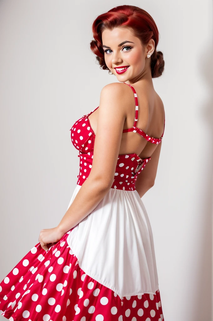 50mm photography front girl smiling beautifully posing sexy pin up dressed in a polka dot dress in pinup style white background beautiful eyes, perfect skin, detailed skin, big, beautiful fingers and nails , (4K, ultra detailed)