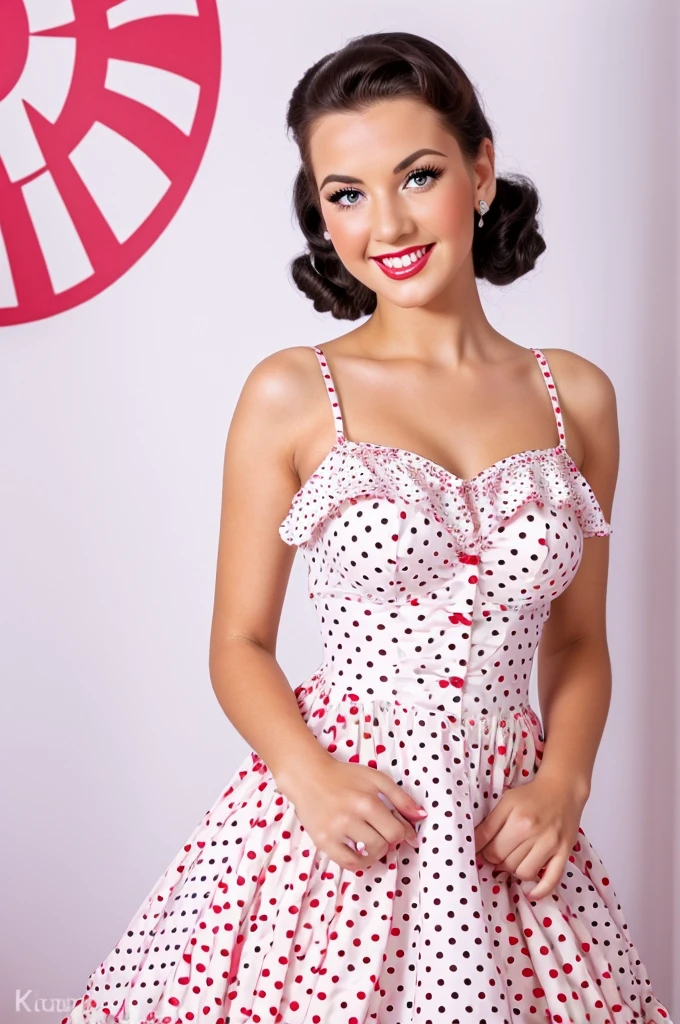 50mm photography front girl smiling beautifully posing sexy pin up dressed in a polka dot dress in pinup style white background beautiful eyes, perfect skin, detailed skin, big, beautiful fingers and nails , (4K, ultra detailed)