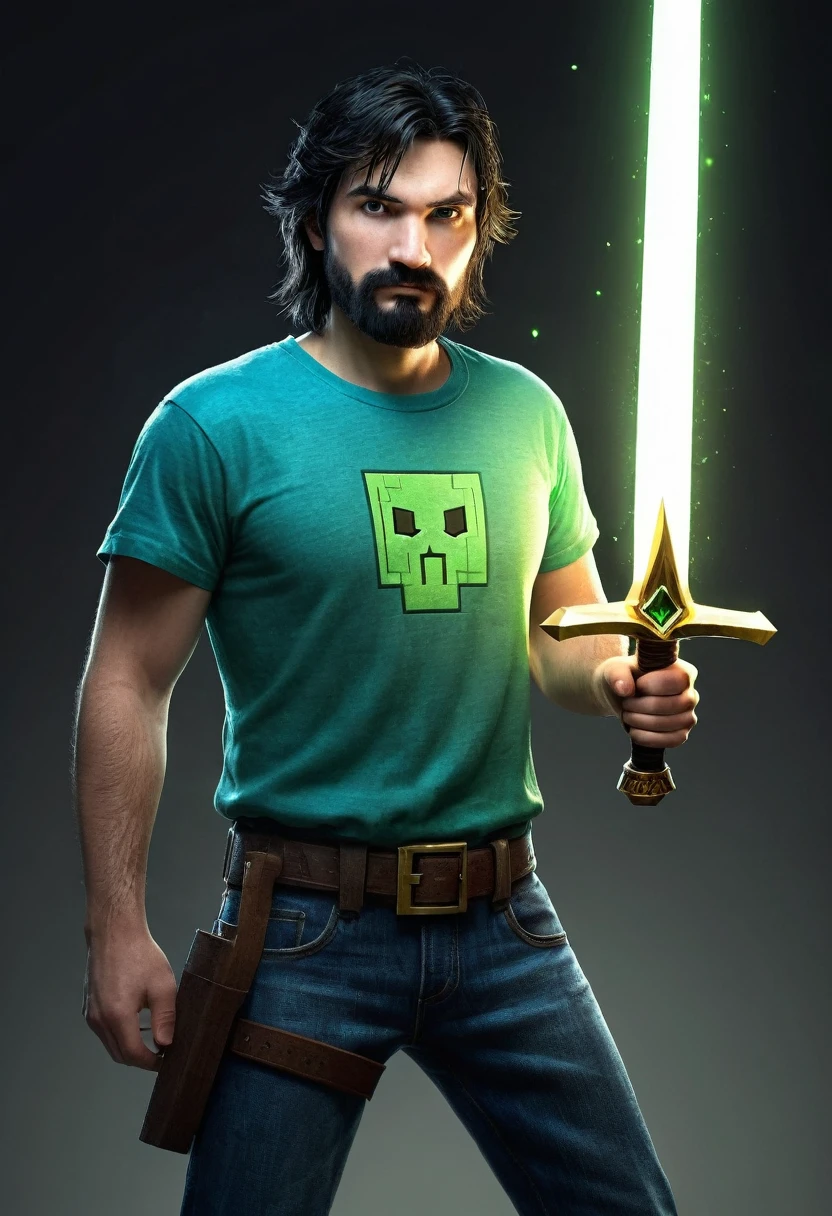 Herobrine, The Anti Hero Character from Minecraft story, Realistic, like human, Photorealistic, with White eerie glowing eyes, wearing old green t-shirt, old blue jean, He is a young man with short beard on his face, black hair, the lighting surround his body, holding an lighting dimond sword in hand , Stand with a beautiful woman  who has golden waving hair  in tactical armor