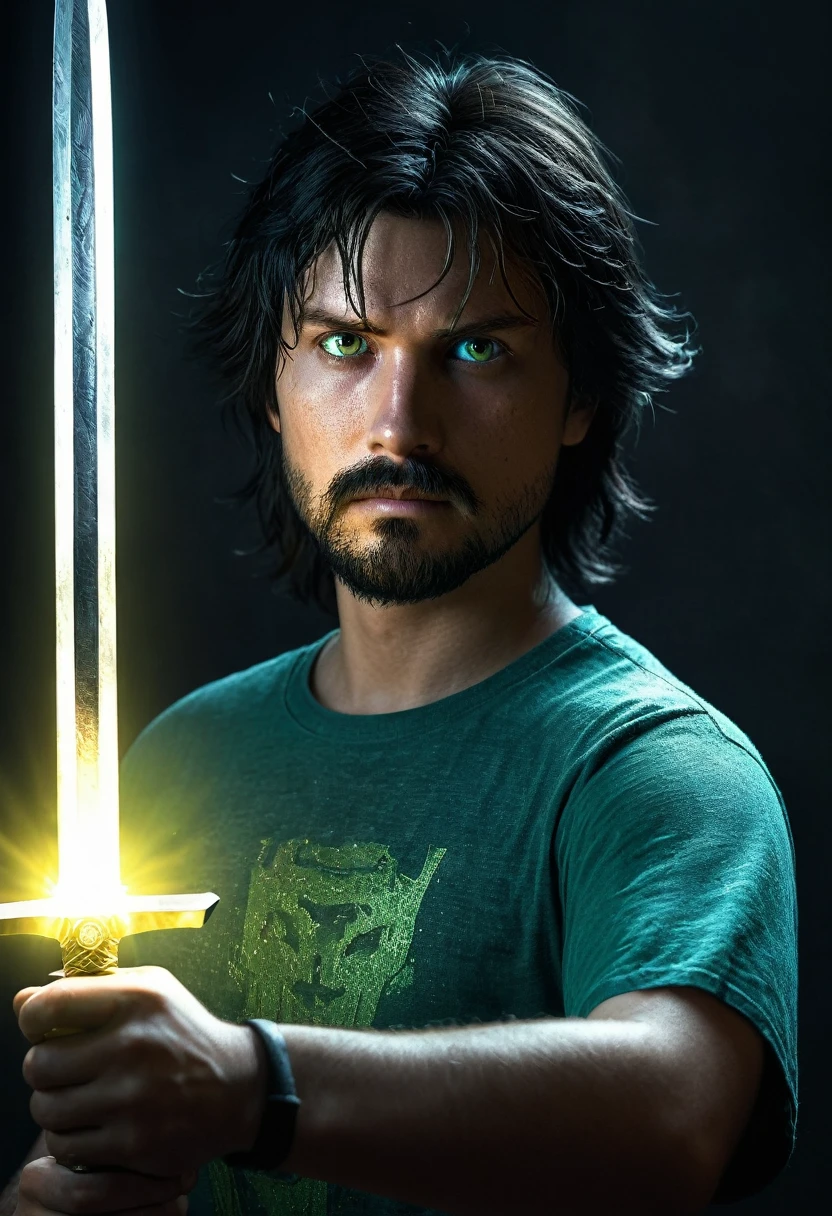 Herobrine, The Anti Hero Character from Minecraft story, Realistic, like human, Photorealistic, with White eerie glowing eyes, wearing old green t-shirt, old blue jean, He is a young man with short beard on his face, black hair, the lighting surround his body, holding an lighting dimond sword in hand , Stand with a beautiful woman  who has golden waving hair  in tactical armor