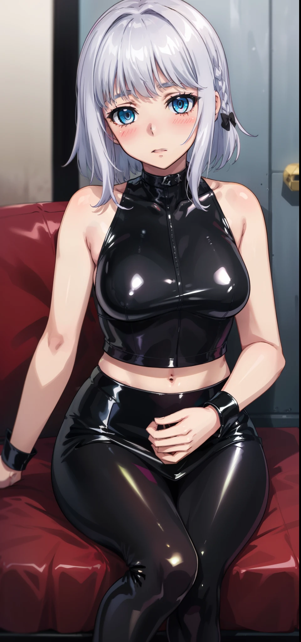 1 girl, kanon kanase,  , blush, medium breasts, sleeveless,(stylish latex outfit,black latex bea, black latex skirt), sitting,  20-year-old, healthy skin.