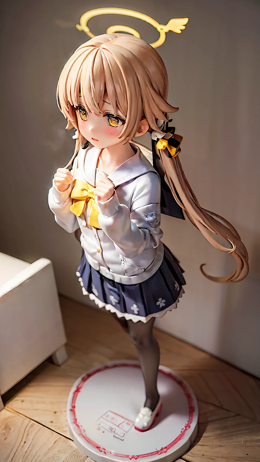 ((masterpiece,best quality)), (illustration), 1loli, solo, hifumi (blue archive), halo, black pantyhose, long hair, school uniform, yellow eyes, low twintails, sailor collar, pleated blue skirt, white cardigan, long sleeves, light brown hair, blush, frilled skirt, Standing like a figurine