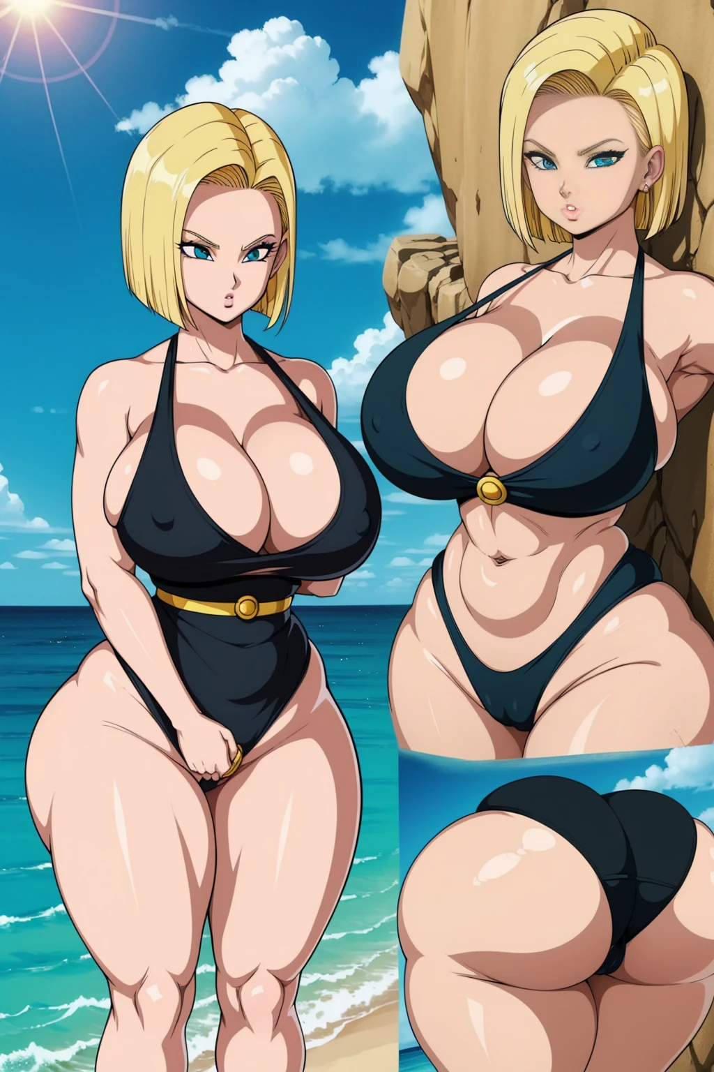 Masterpiece, high resolution, Dragon ball art style, android 18, 1girl, (((bimbo))), puffy lips, painted lips, thick lips, wide hips, thick thighs, huge breasts, huge ass, revealing cleavage, erotic, sexy face, bubble butt, Brazilian butt lift, camel toe, black bikini, revealing cleavage, breasts bulge, beach,