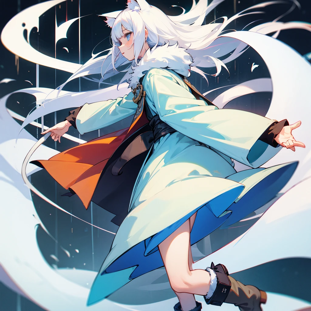 Cute girl, cat ears, cat tail, cat legs, white hair, furry legs, boots, coat, robe, layered clothes