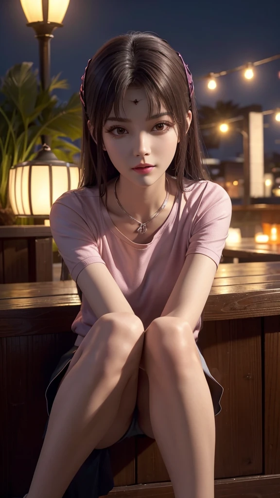 ((midynight, Acura, 8K, tmasterpiece: 1.3)), full bodyesbian, long leges, Focalors: 1.2, perfect figure beautiful woman: 1.4, Slim abs: 1.1, (dark brown hair,: 1.2 )), (Pink skinny T-shirt, short skirt,sitting on a stool: 1.2), (city night scene, the roof: 1.3)), Highly Detailed Face and Skin Textur, detailedeyes, double eyelid,