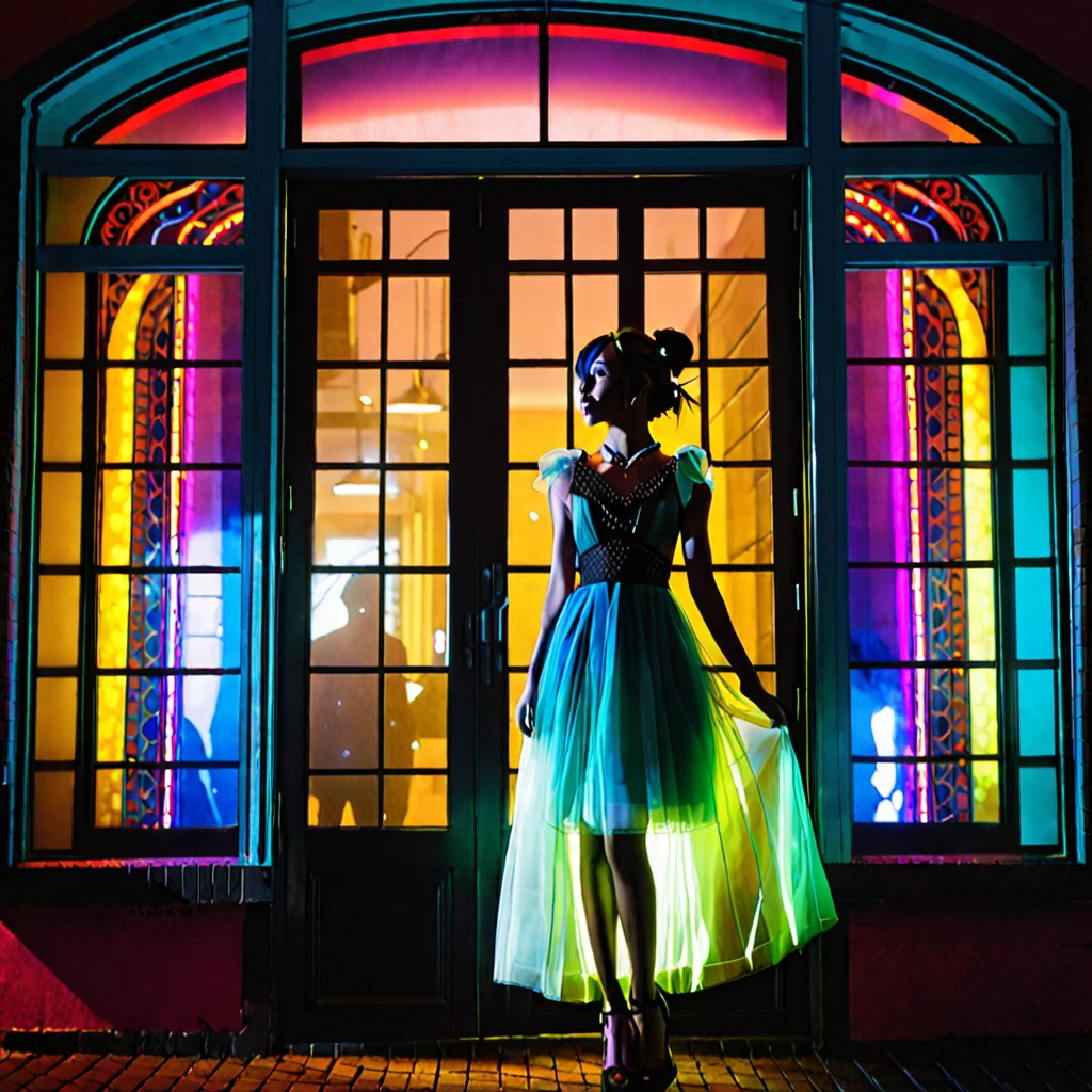 a woman in a decorative window,Hatsune Miku,dutch angle,night,street lights,silhouette of a male customer,full body image,2.5D,detailed face,intricate details,cinematic lighting,dramatic atmosphere,colorful neon lights,vibrant colors,volumetric fog,moody shadows,striking pose,elegant dress,beautiful woman,stunning portrait
