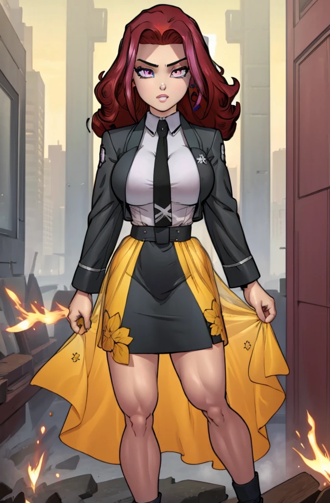 Masterpiece. detailed eyes, rabiestlagomorph, waist-length reddish purple hair, Large breasts, black dress, magic_high_school_uniform, Charcoal jacket, black necktie, yellow skirt embroidery 