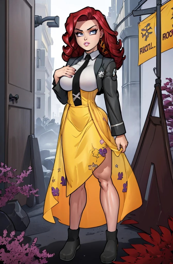 Masterpiece. detailed eyes, rabiestlagomorph, waist-length reddish purple hair, Large breasts, black dress, magic_high_school_uniform, Charcoal jacket, black necktie, yellow skirt embroidery 